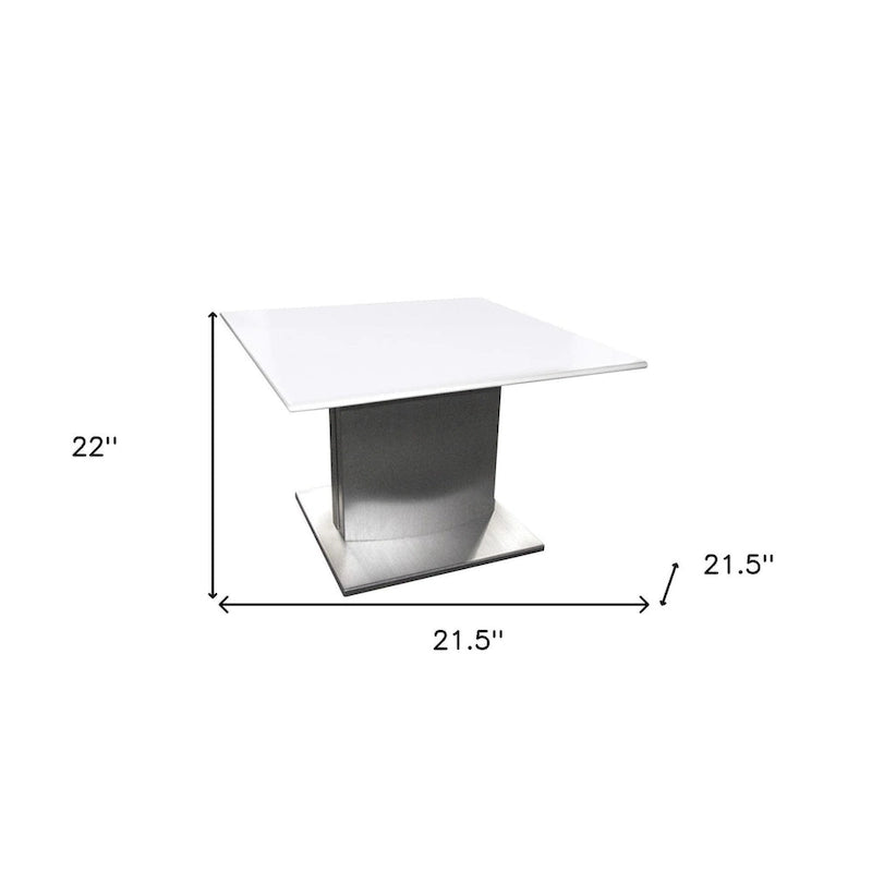 Table d'appoint piédestal carrée en marbre blanc et argenté et métal - 21,5' X 22' X 21,5