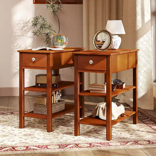 2 tables d'appoint étroites avec tiroirs, étagères et pieds en bois d'hévéa pour canapé