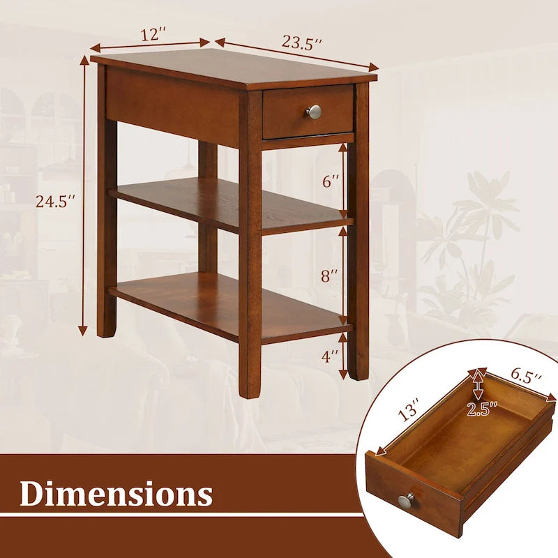 2 tables d'appoint étroites avec tiroirs, étagères et pieds en bois d'hévéa pour canapé