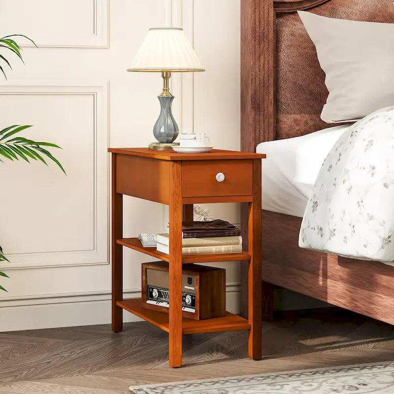 2 tables d'appoint étroites avec tiroirs, étagères et pieds en bois d'hévéa pour canapé