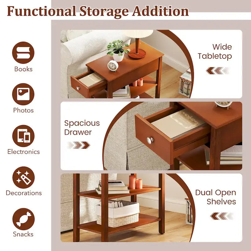 2 tables d'appoint étroites avec tiroirs, étagères et pieds en bois d'hévéa pour canapé