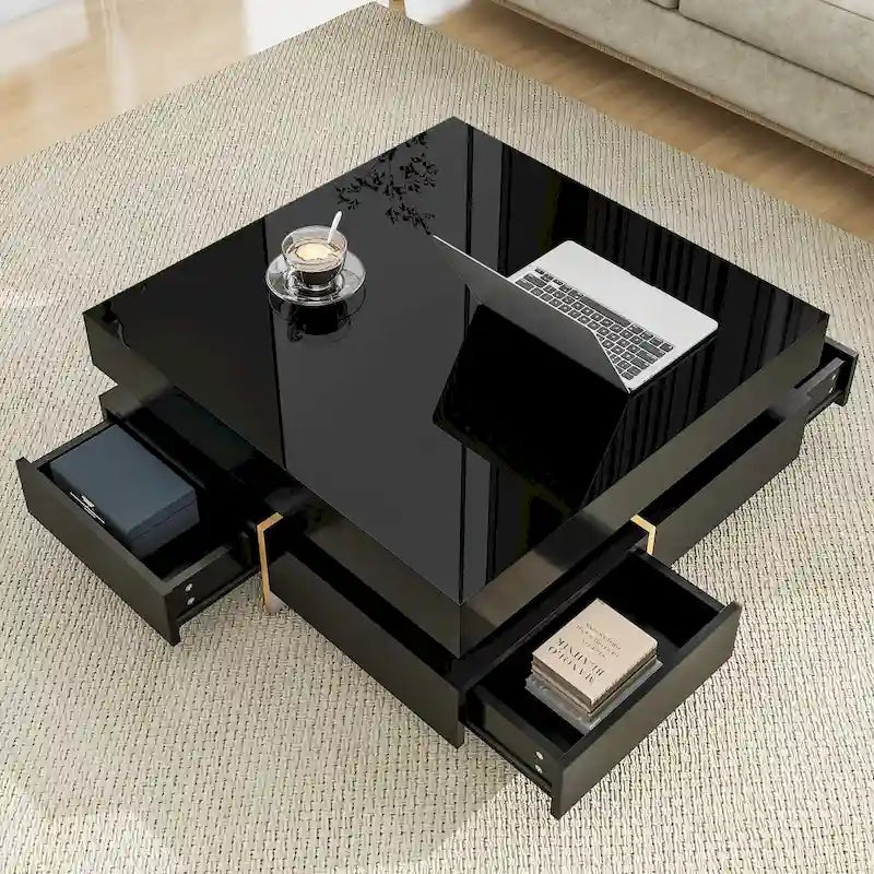 Table basse moderne haute brillance avec 4 tiroirs - 31,50 x 31,50 x 13,70