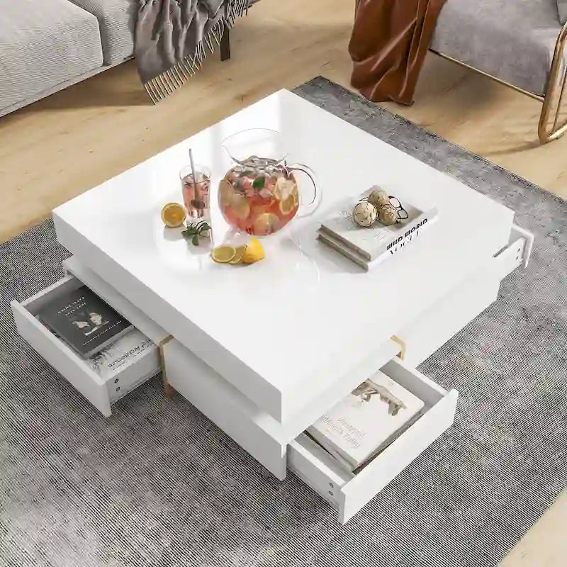 Table basse moderne haute brillance avec 4 tiroirs - 31,50 x 31,50 x 13,70