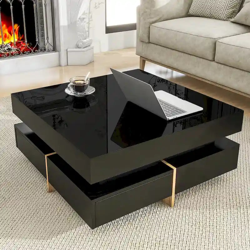 Table basse moderne haute brillance avec 4 tiroirs - 31,50 x 31,50 x 13,70