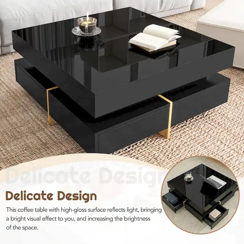 Table basse moderne haute brillance avec 4 tiroirs - 31,50 x 31,50 x 13,70