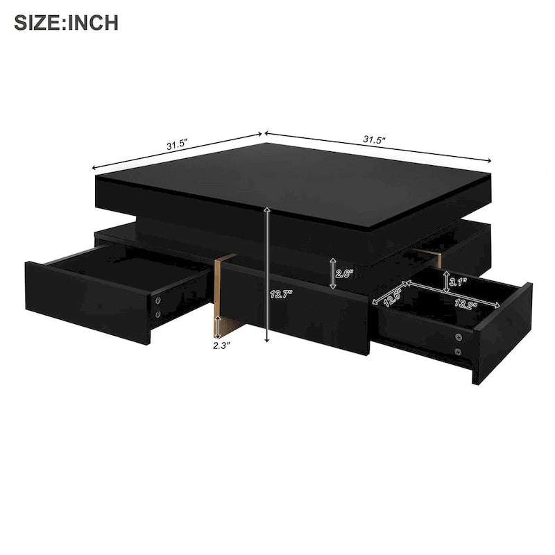 Table basse moderne haute brillance avec 4 tiroirs - 31,50 x 31,50 x 13,70