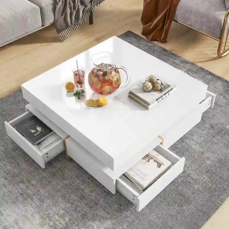 Table basse moderne haute brillance avec 4 tiroirs - 31,50 x 31,50 x 13,70