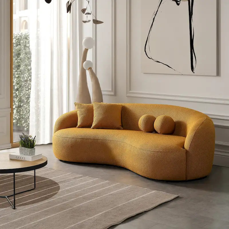 Canapé incurvé de luxe moderne en tissu bouclé, style Japandi