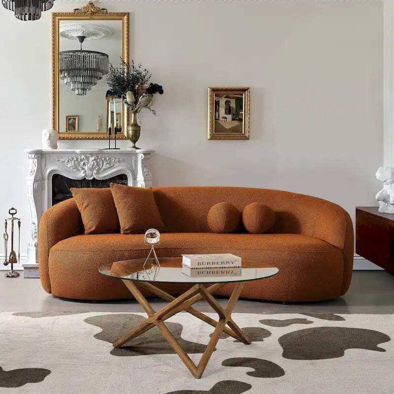 Canapé incurvé de luxe moderne en tissu bouclé, style Japandi
