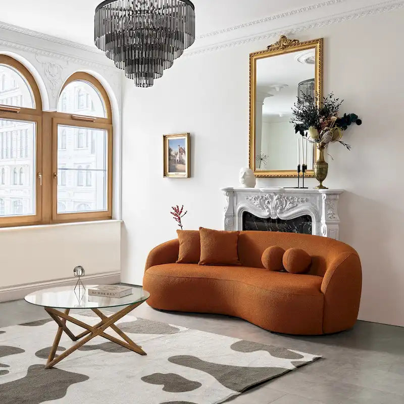 Canapé incurvé de luxe moderne en tissu bouclé, style Japandi