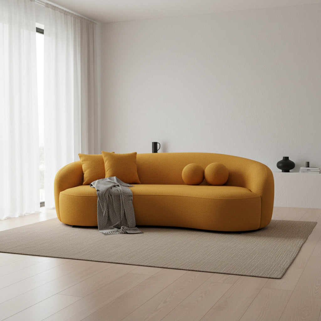 Canapé incurvé de luxe moderne en tissu bouclé, style Japandi