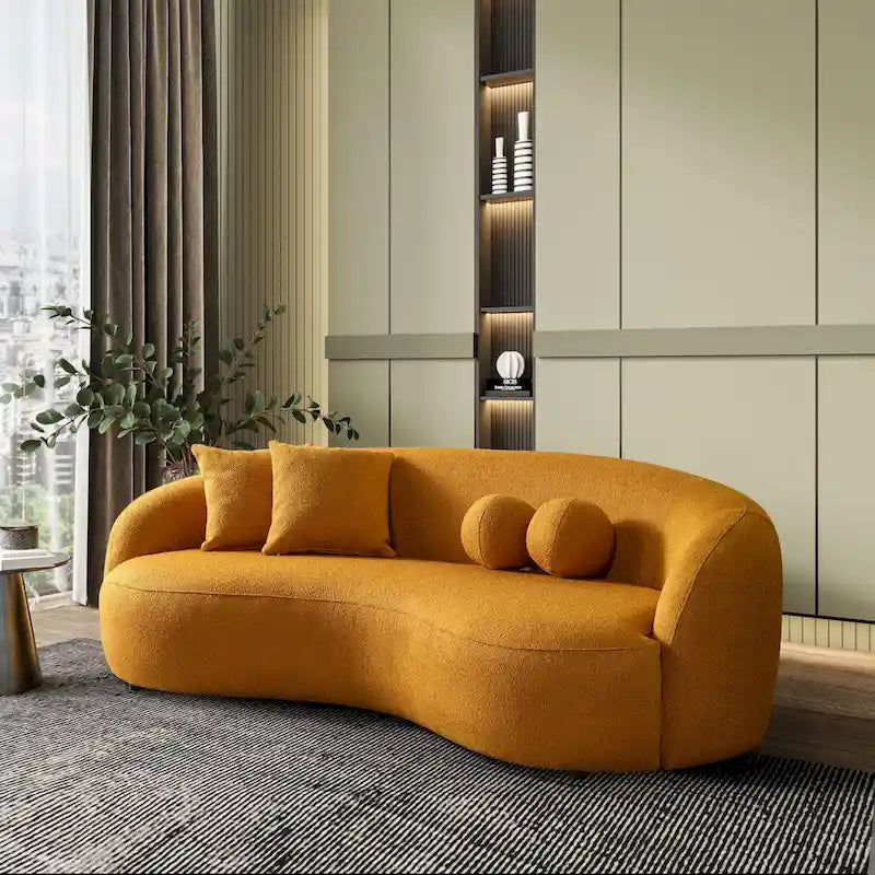 Canapé incurvé de luxe moderne en tissu bouclé, style Japandi