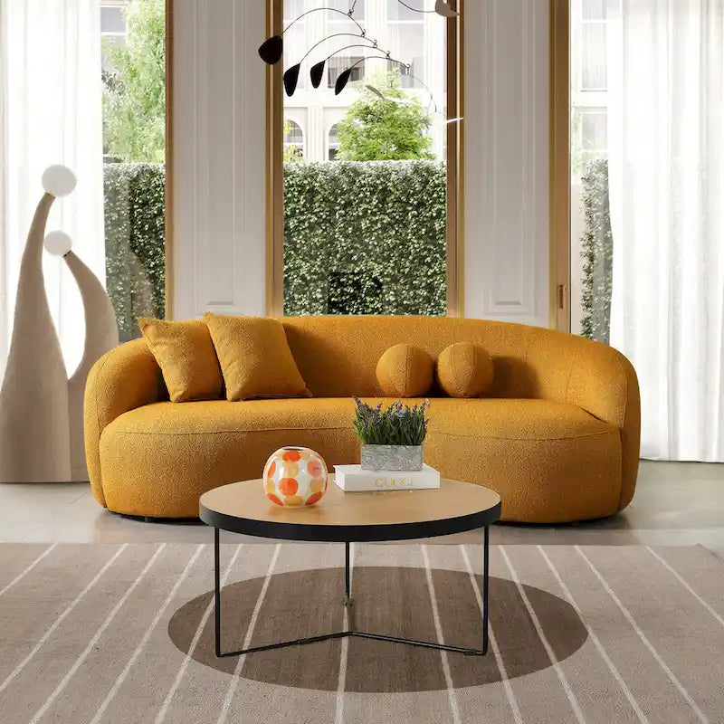 Canapé incurvé de luxe moderne en tissu bouclé, style Japandi