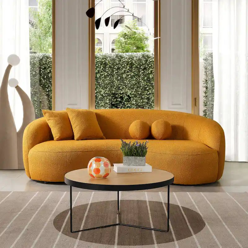 Canapé incurvé de luxe moderne en tissu bouclé, style Japandi