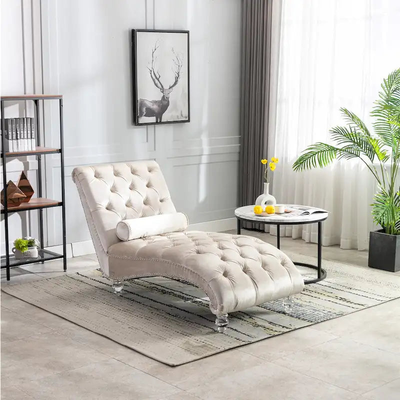 Chaise longue touffetée en velours pour salon