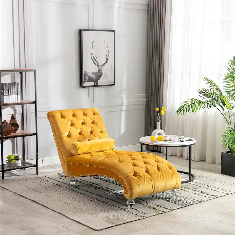 Chaise longue touffetée en velours pour salon