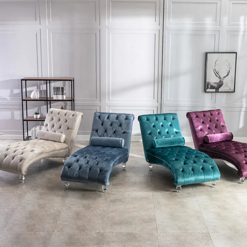 Chaise longue touffetée en velours pour salon
