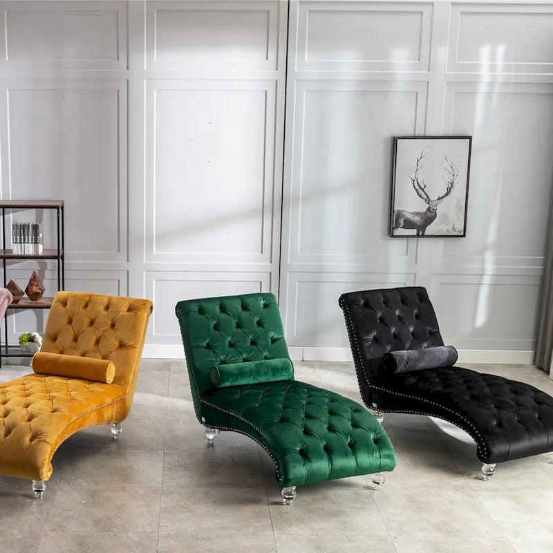 Chaise longue touffetée en velours pour salon