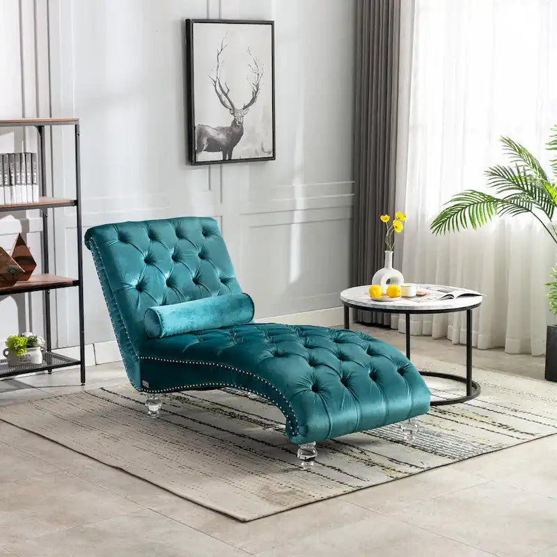 Chaise longue touffetée en velours pour salon