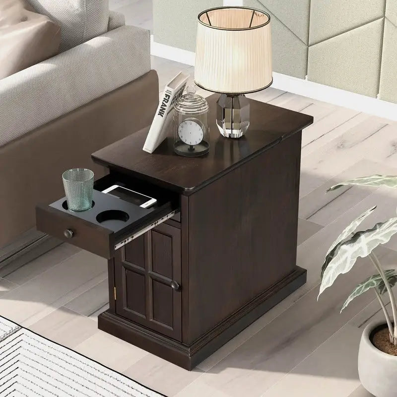 Table d'appoint de salon classique vintage avec ports USB et tiroir multifonction avec porte-gobelets