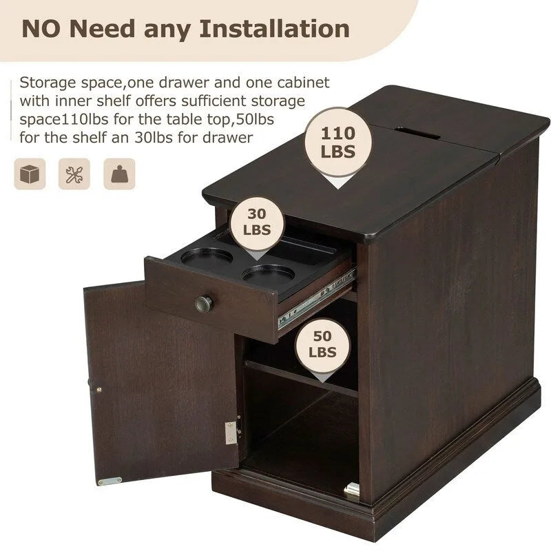 Table d'appoint de salon classique vintage avec ports USB et tiroir multifonction avec porte-gobelets