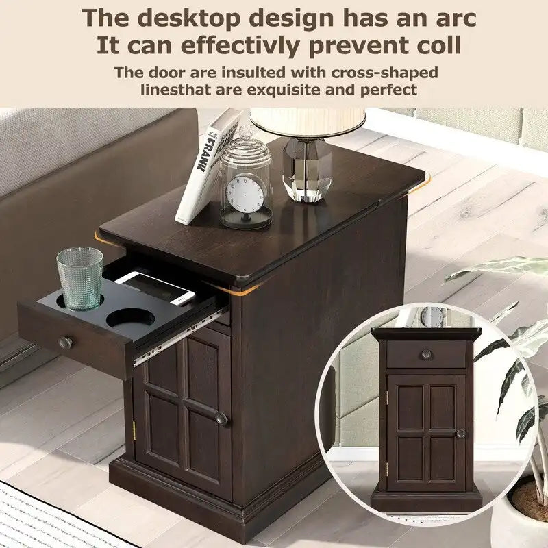 Table d'appoint de salon classique vintage avec ports USB et tiroir multifonction avec porte-gobelets