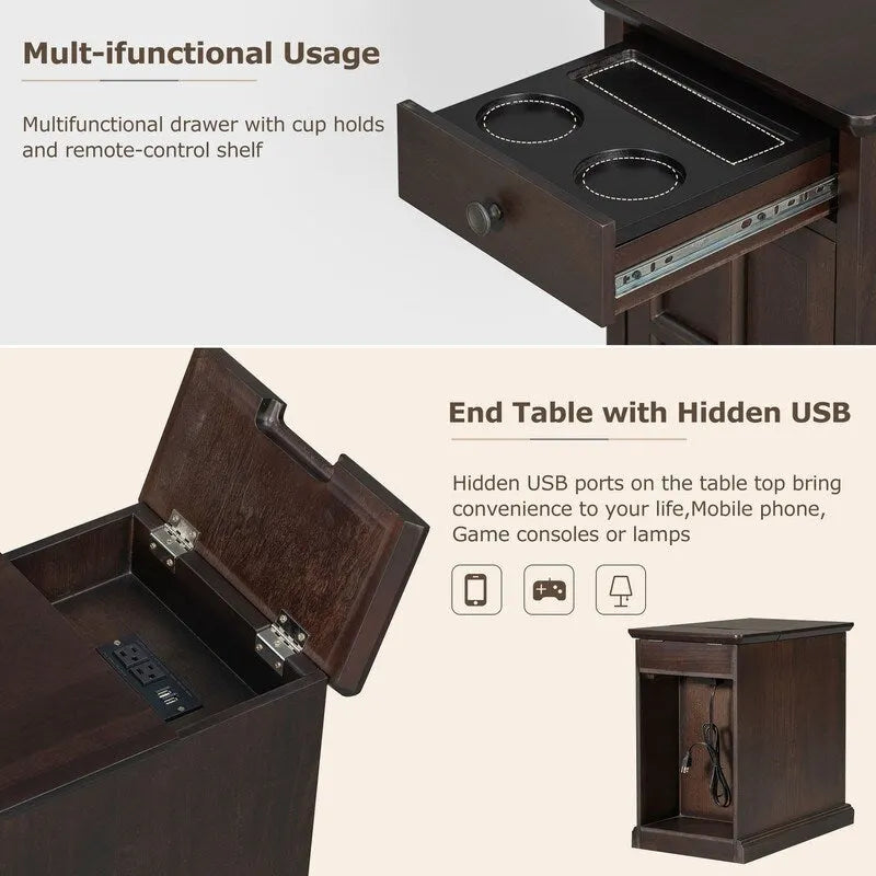 Table d'appoint de salon classique vintage avec ports USB et tiroir multifonction avec porte-gobelets
