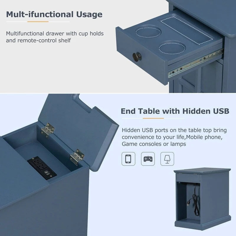 Table d'appoint de salon classique vintage avec ports USB et tiroir multifonction avec porte-gobelets