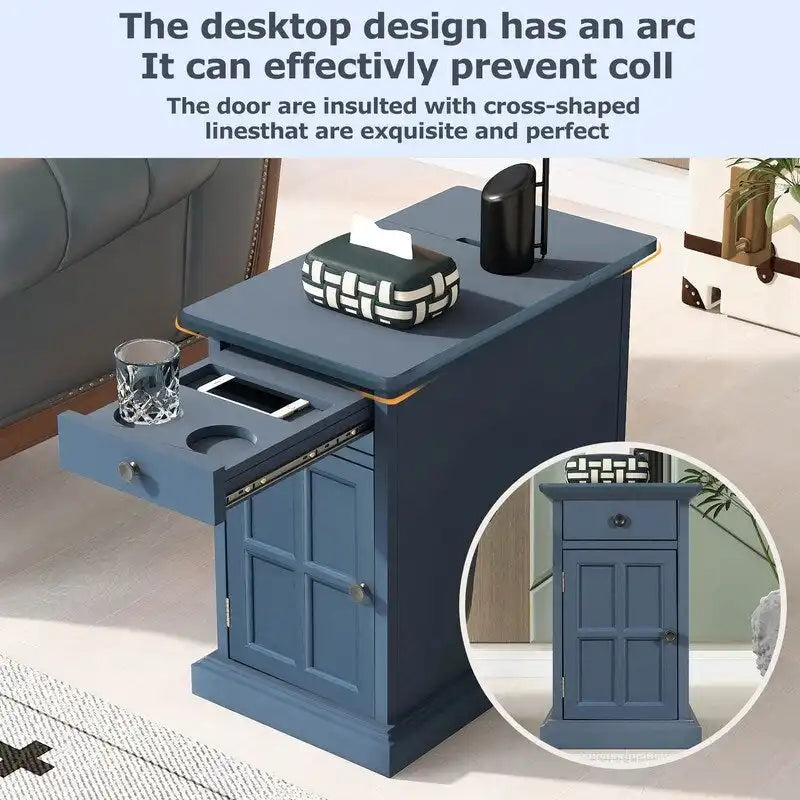 Table d'appoint de salon classique vintage avec ports USB et tiroir multifonction avec porte-gobelets