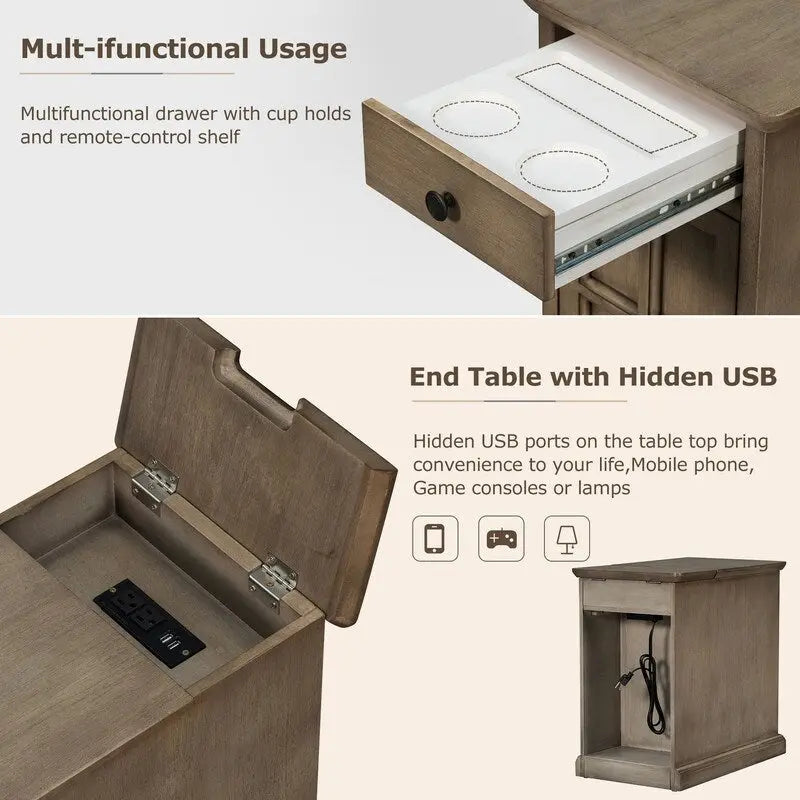 Table d'appoint de salon classique vintage avec ports USB et tiroir multifonction avec porte-gobelets