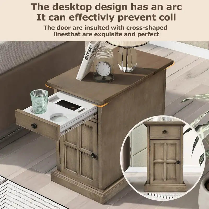Table d'appoint de salon classique vintage avec ports USB et tiroir multifonction avec porte-gobelets