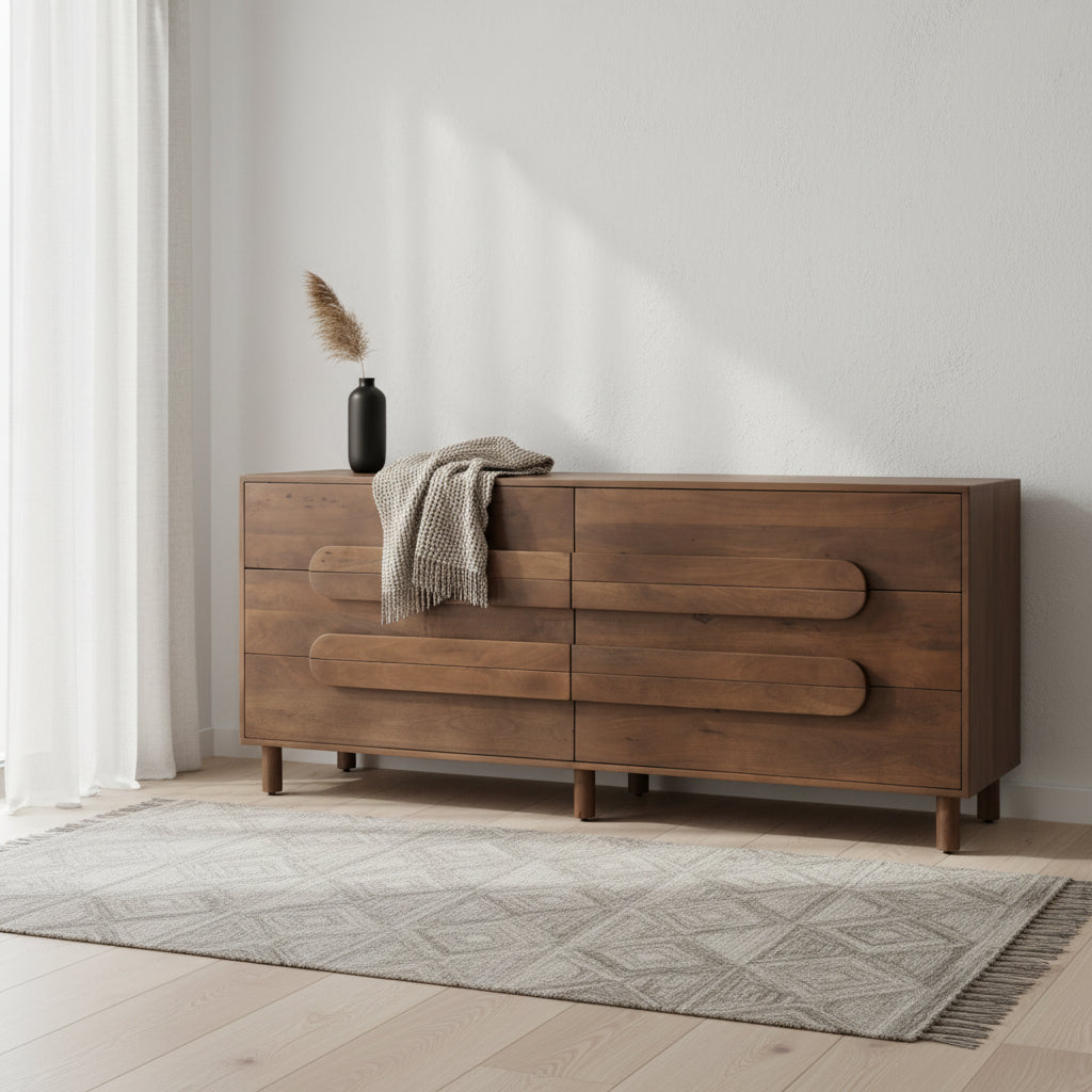 Astrid Medium Brown Solid Mango Wood 6 Drawer Sideboard - 74.3L x19.8W x 29.5H