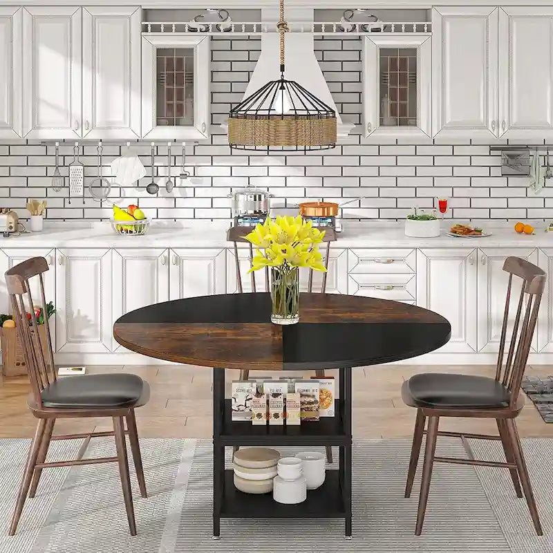 Table à manger ronde pour 4 personnes, Table de cuisine de 119 cm petite table à dîner avec étagère de rangement