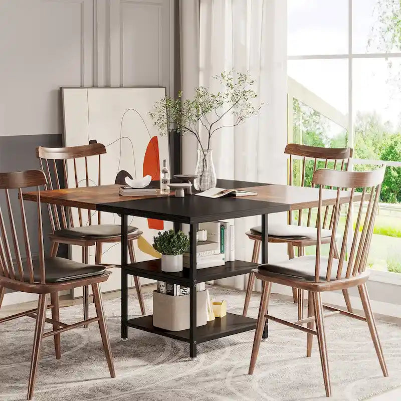Table à manger ronde pour 4 personnes, Table de cuisine de 119 cm petite table à dîner avec étagère de rangement