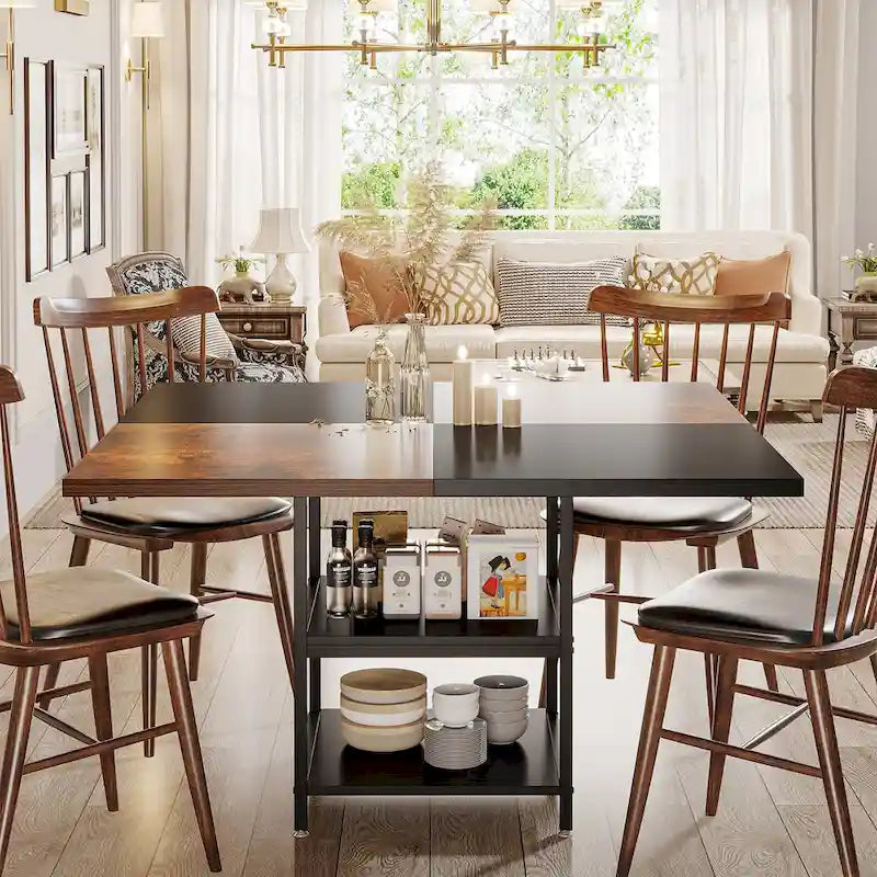 Table à manger ronde pour 4 personnes, Table de cuisine de 119 cm petite table à dîner avec étagère de rangement