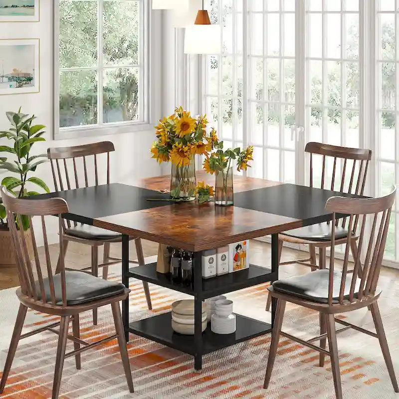 Table à manger ronde pour 4 personnes, Table de cuisine de 119 cm petite table à dîner avec étagère de rangement