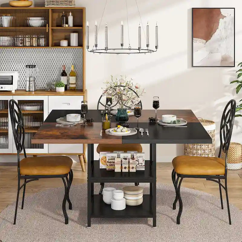 Table à manger ronde pour 4 personnes, Table de cuisine de 119 cm petite table à dîner avec étagère de rangement