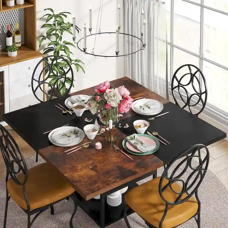 Table à manger ronde pour 4 personnes, Table de cuisine de 119 cm petite table à dîner avec étagère de rangement