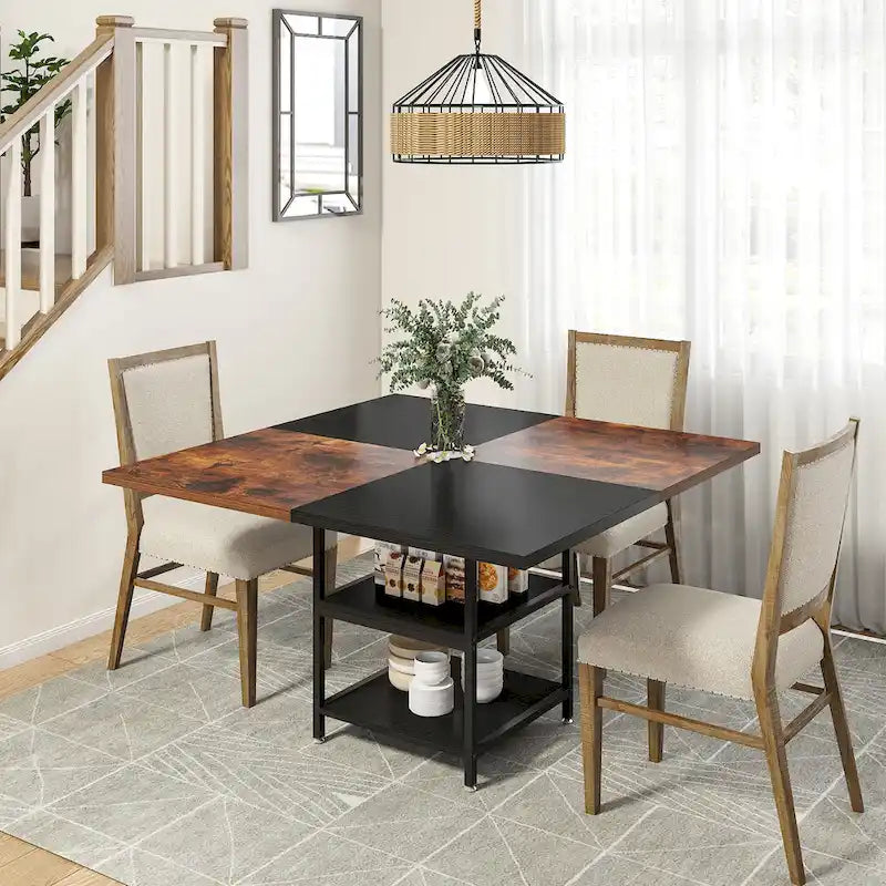 Table à manger ronde pour 4 personnes, Table de cuisine de 119 cm petite table à dîner avec étagère de rangement