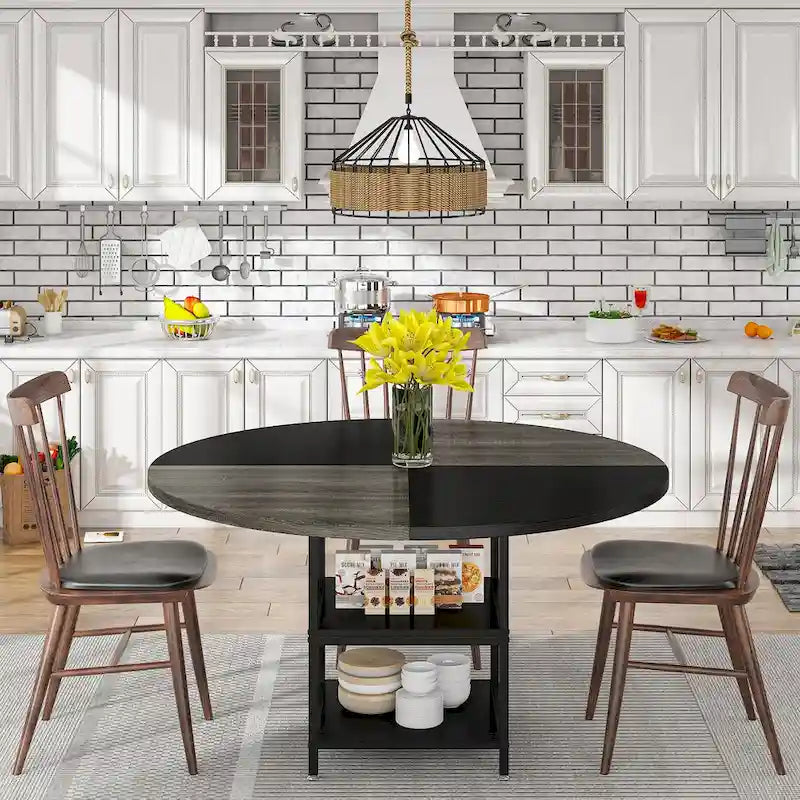Table à manger ronde pour 4 personnes, Table de cuisine de 119 cm petite table à dîner avec étagère de rangement