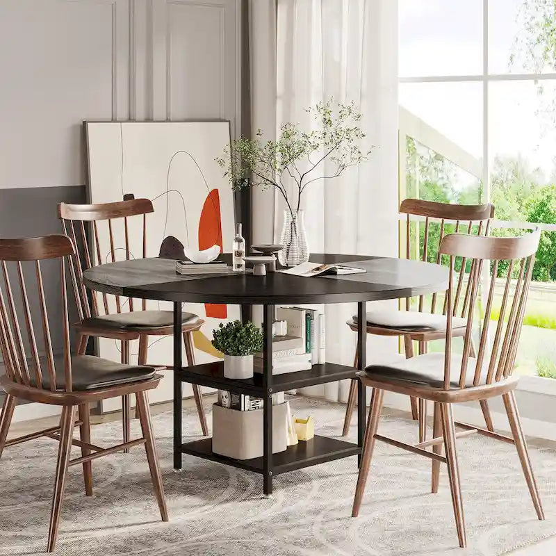 Table à manger ronde pour 4 personnes, Table de cuisine de 119 cm petite table à dîner avec étagère de rangement