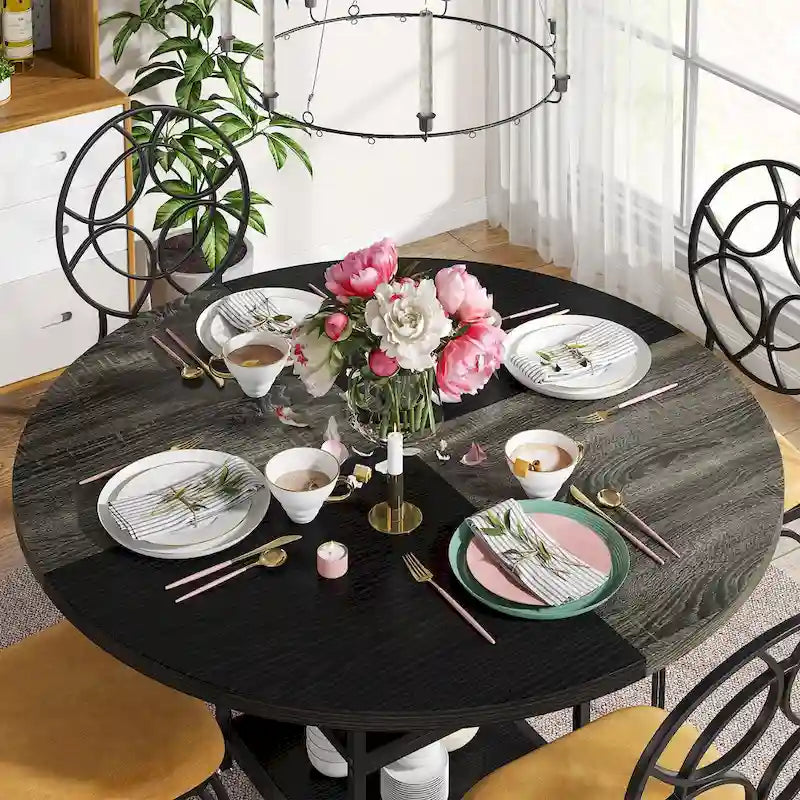 Table à manger ronde pour 4 personnes, Table de cuisine de 119 cm petite table à dîner avec étagère de rangement