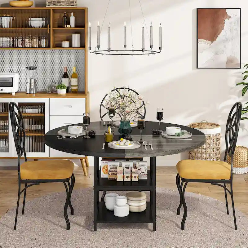 Table à manger ronde pour 4 personnes, Table de cuisine de 119 cm petite table à dîner avec étagère de rangement