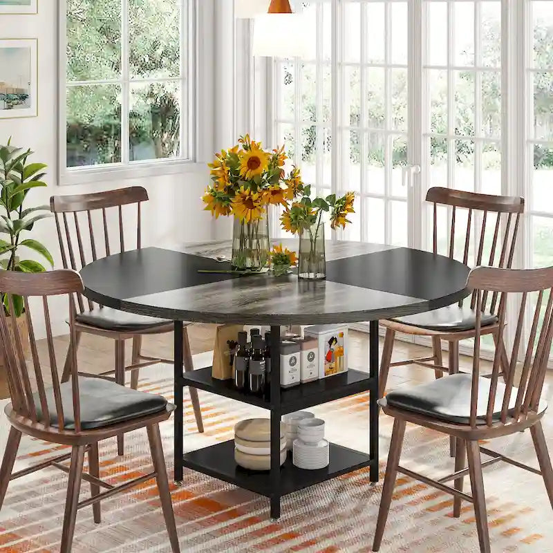 Table à manger ronde pour 4 personnes, Table de cuisine de 119 cm petite table à dîner avec étagère de rangement