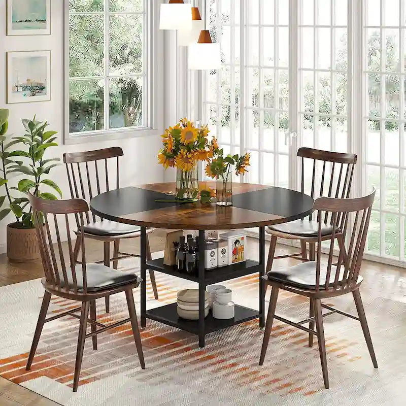 Table à manger ronde pour 4 personnes, Table de cuisine de 119 cm petite table à dîner avec étagère de rangement