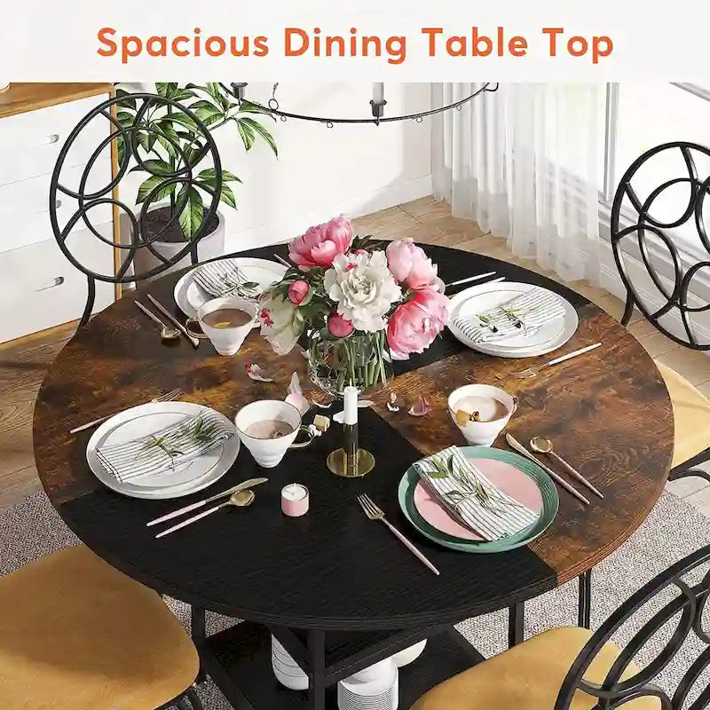 Table à manger ronde pour 4 personnes, Table de cuisine de 119 cm petite table à dîner avec étagère de rangement