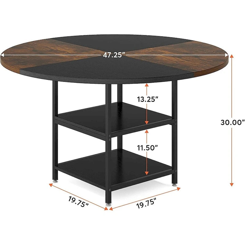 Table à manger ronde pour 4 personnes, Table de cuisine de 119 cm petite table à dîner avec étagère de rangement