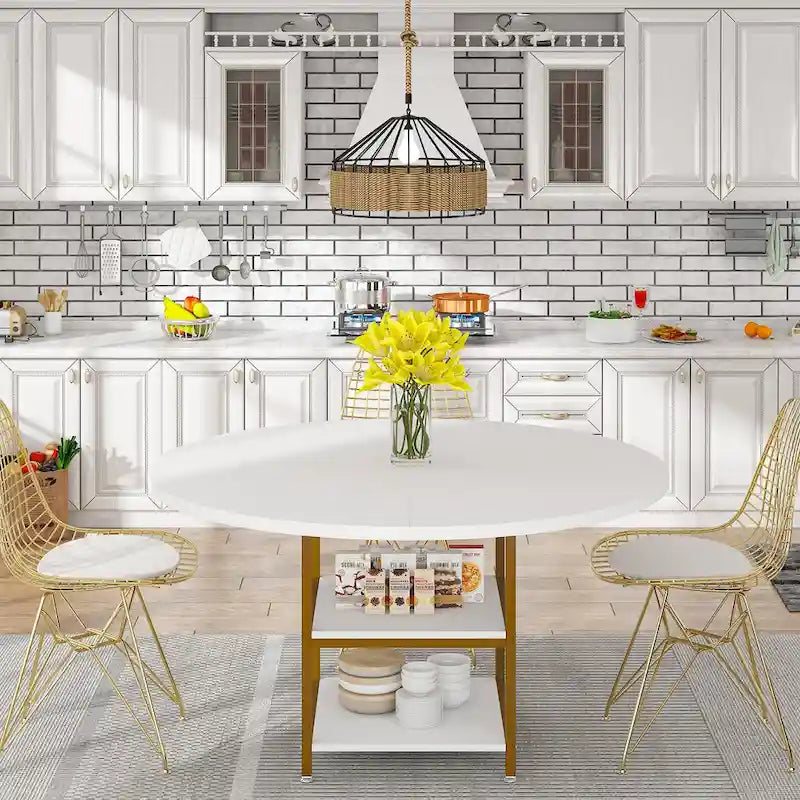 Table à manger ronde pour 4 personnes, Table de cuisine de 119 cm petite table à dîner avec étagère de rangement