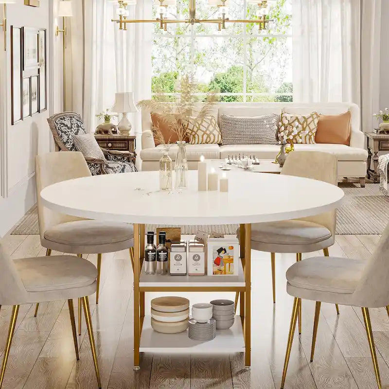Table à manger ronde pour 4 personnes, Table de cuisine de 119 cm petite table à dîner avec étagère de rangement