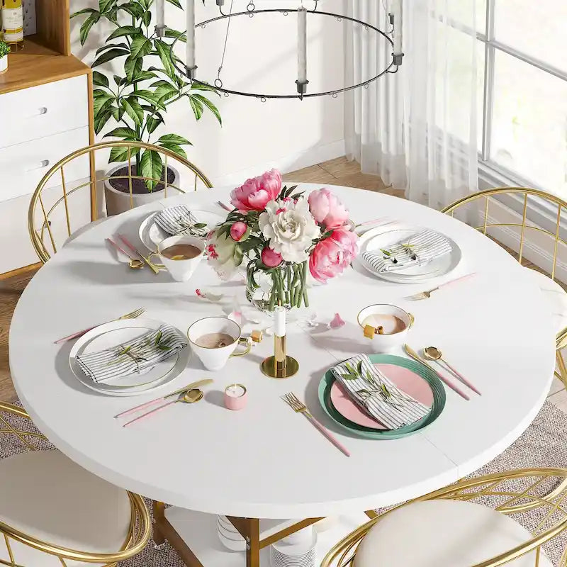 Table à manger ronde pour 4 personnes, Table de cuisine de 119 cm petite table à dîner avec étagère de rangement